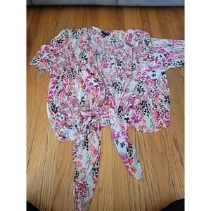 Maggie Barnes Women’s Plus Size 5X Short Sleeve Open Shawl Blouse Floral Beach